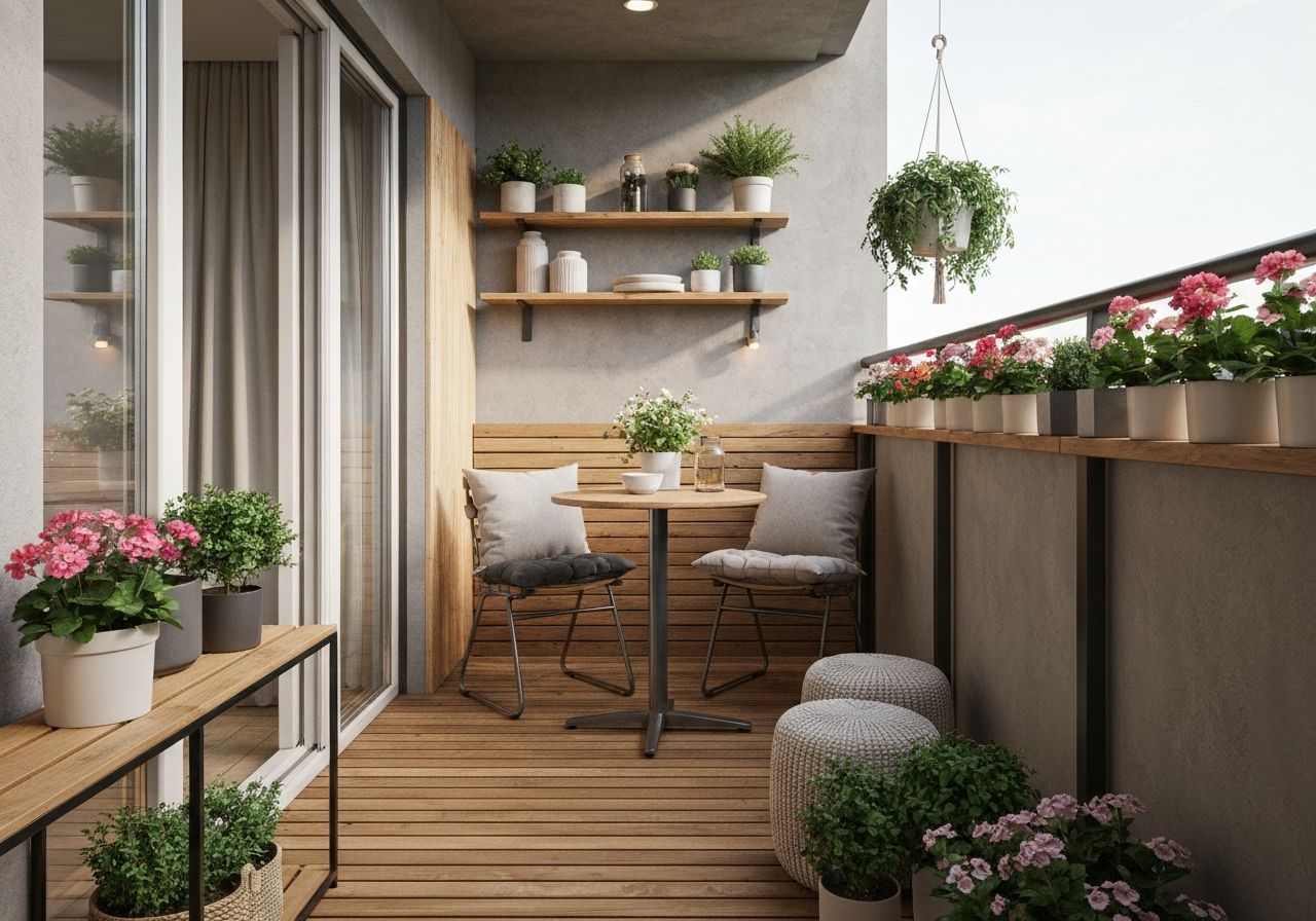 Mały balkon miejski z drewnianą podłogą, stolikiem, krzesłami i roślinami w doniczkach.