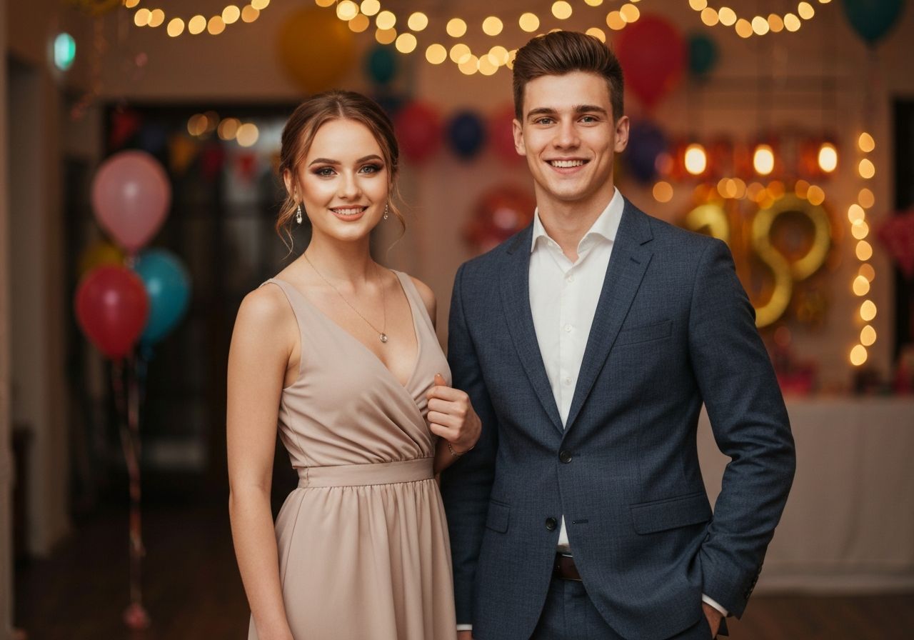 Elegancka para na osiemnastce w modnych strojach, uśmiechnięci w przyjęciowym wnętrzu z dekoracjami.