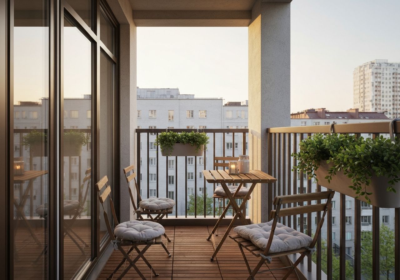 Wąski balkon w nowoczesnym mieszkaniu z meblami oszczędzającymi miejsce i roślinami na tle miasta
