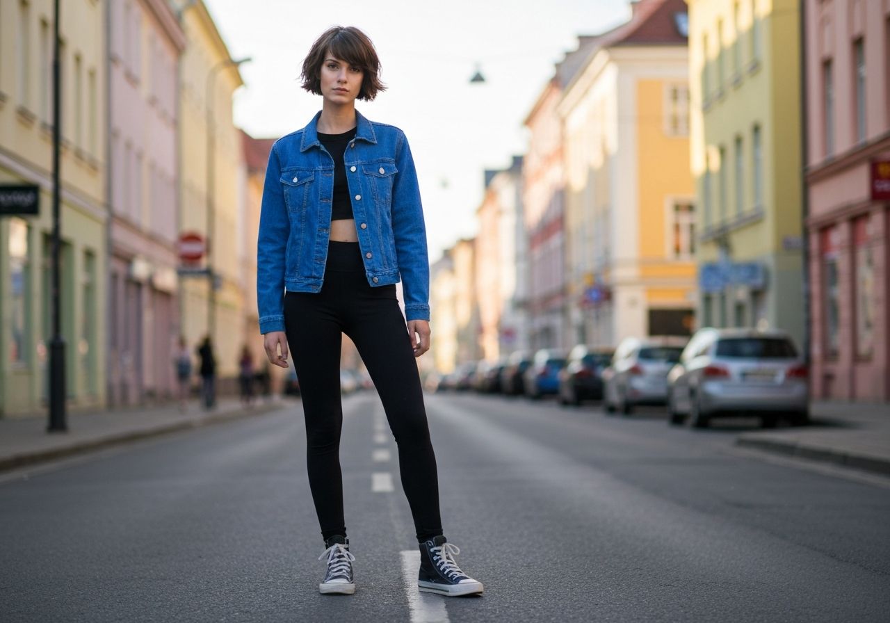 Młoda osoba w wysokich sneakersach i casualowym stroju stoi na miejskiej ulicy w naturalnym świetle