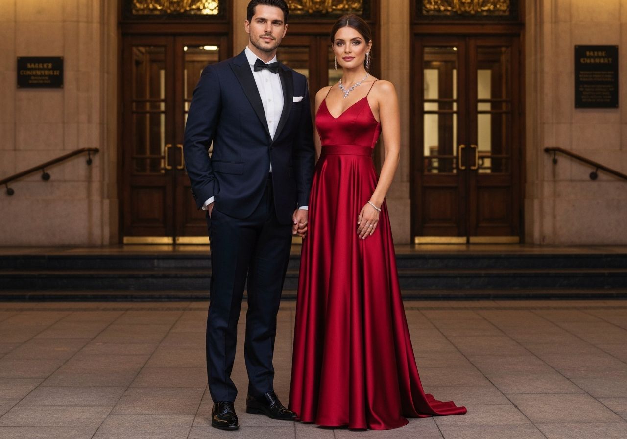 Para w eleganckich strojach stoi przed wejściem do sali koncertowej wieczorem