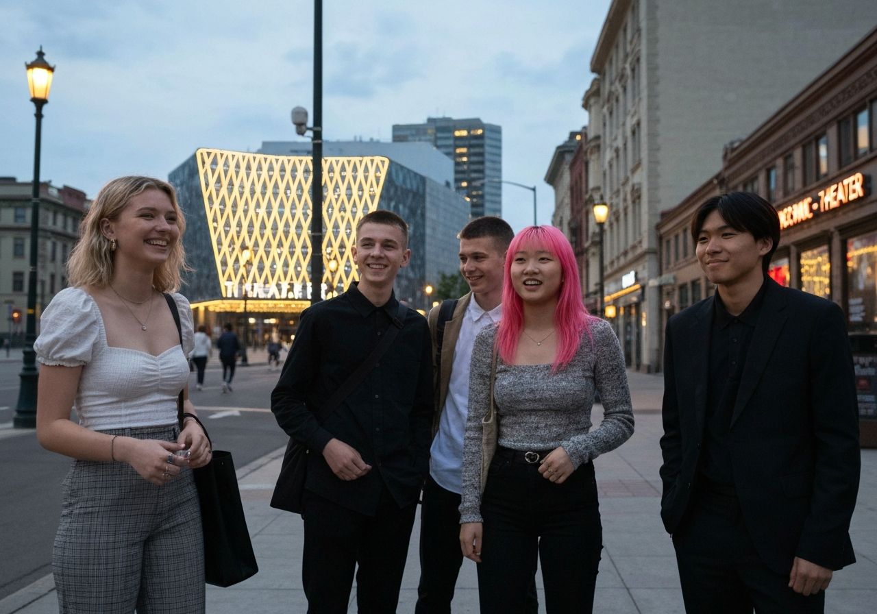 Grupa nastolatków w casualowych strojach czeka przed nowoczesnym teatrem wieczorem na miejskim tle