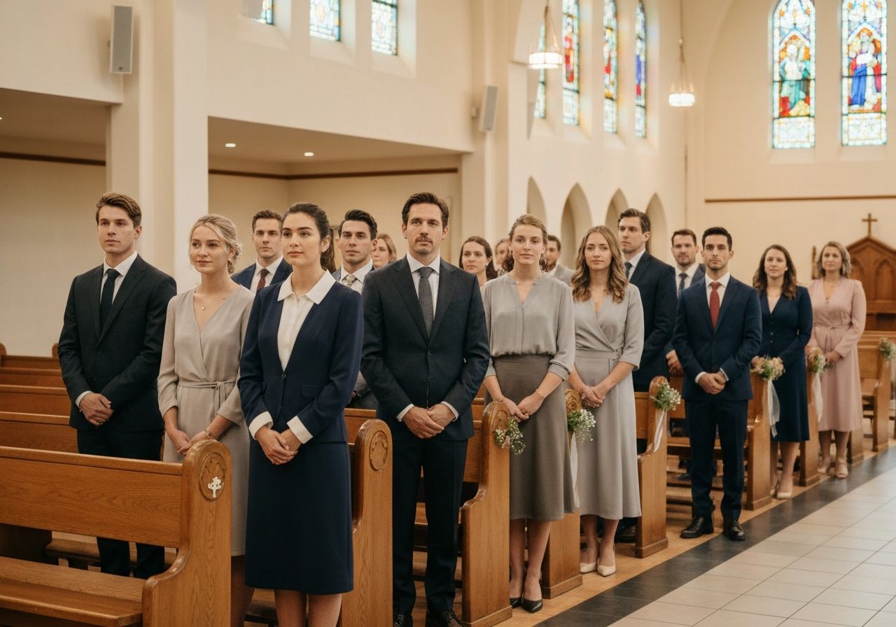 Grupa osób w strojach kościelnych stoi w jasnym, spokojnym wnętrzu kościoła przy ławkach i witrażach.
