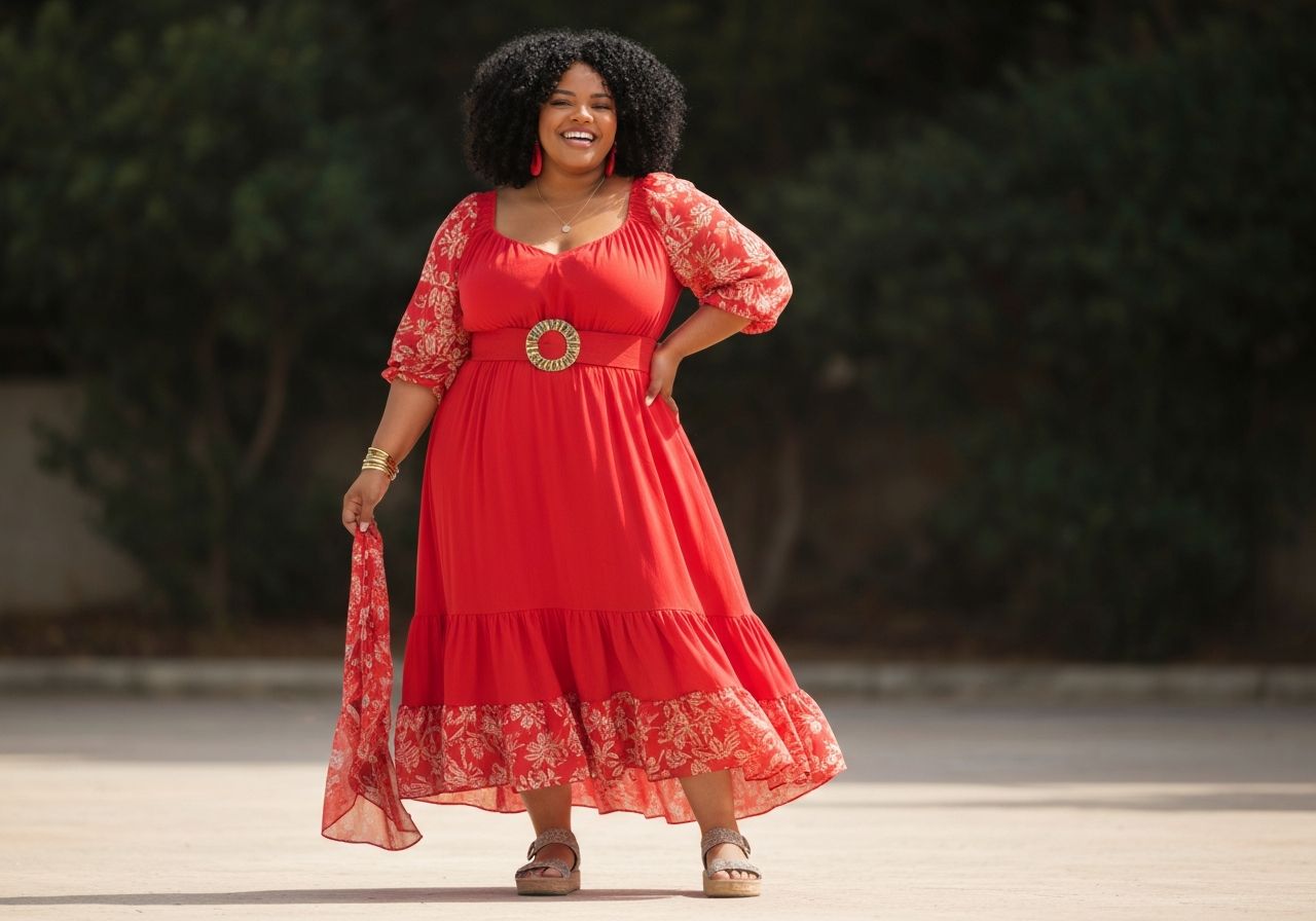 Pewna siebie kobieta plus size na zewnątrz w kolorowym stroju z akcesoriami, uśmiechnięta, miejskie tło.