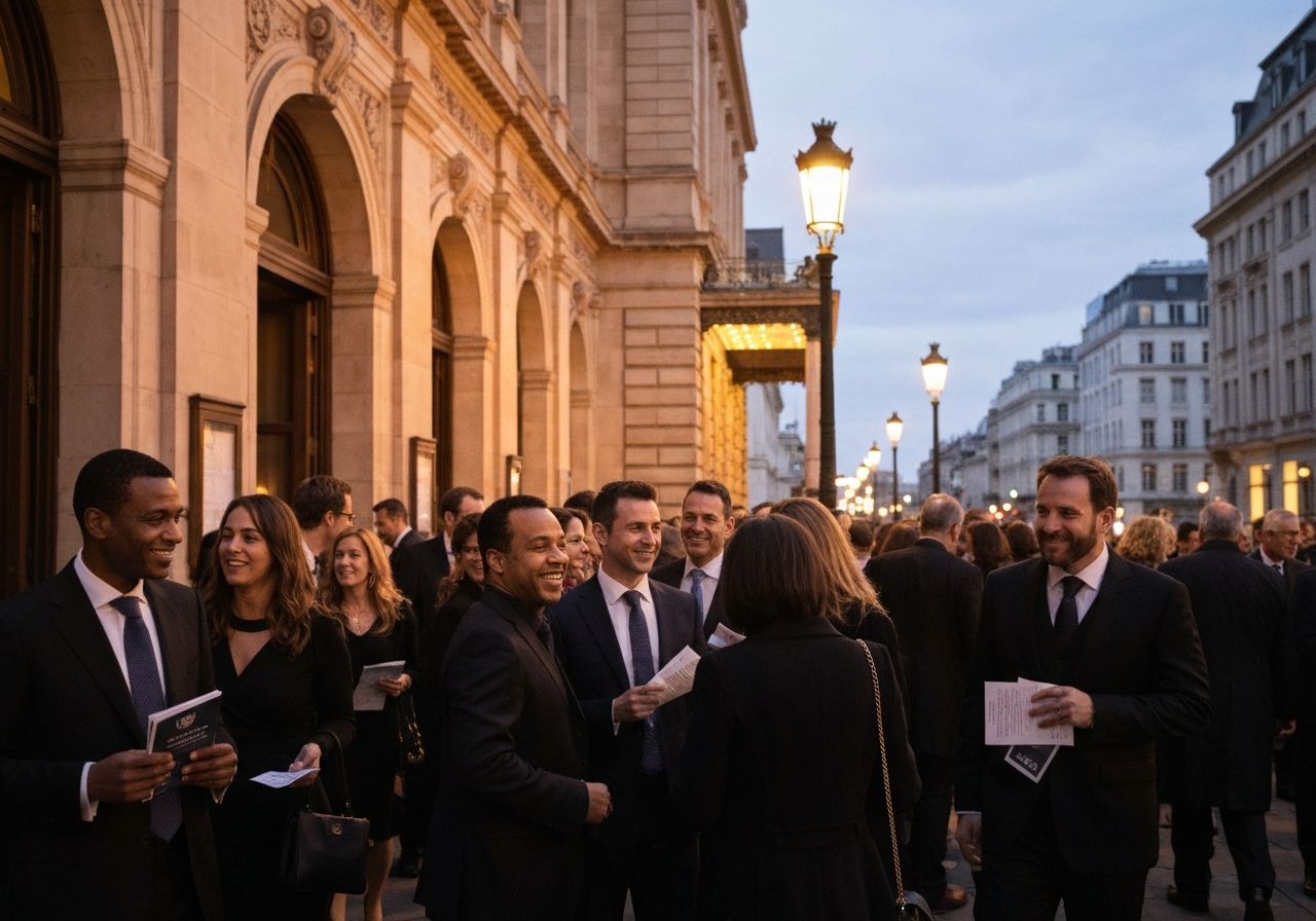 Grupa elegancko ubranych osób wychodzi z teatru o zmierzchu, rozmawiając i trzymając bilety.