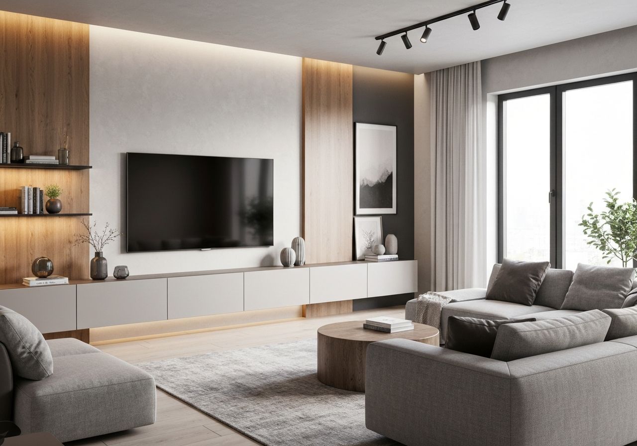 nowoczesny salon z telewizorem na ścianie, minimalistyczną meblościanką i naturalnym światłem przez duże okna