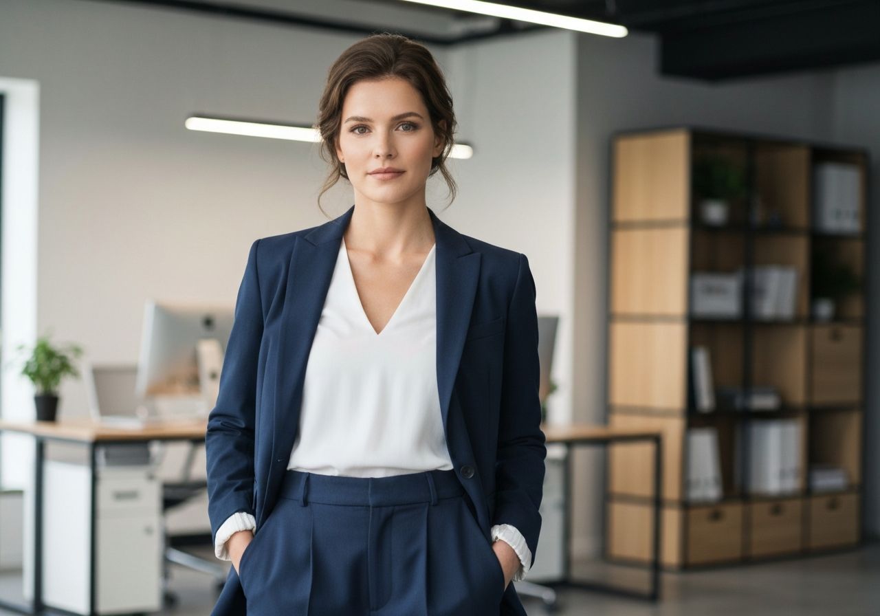 Elegancka bizneswoman w granatowej marynarce i białej bluzce, stojąca pewnie w nowoczesnym biurze.