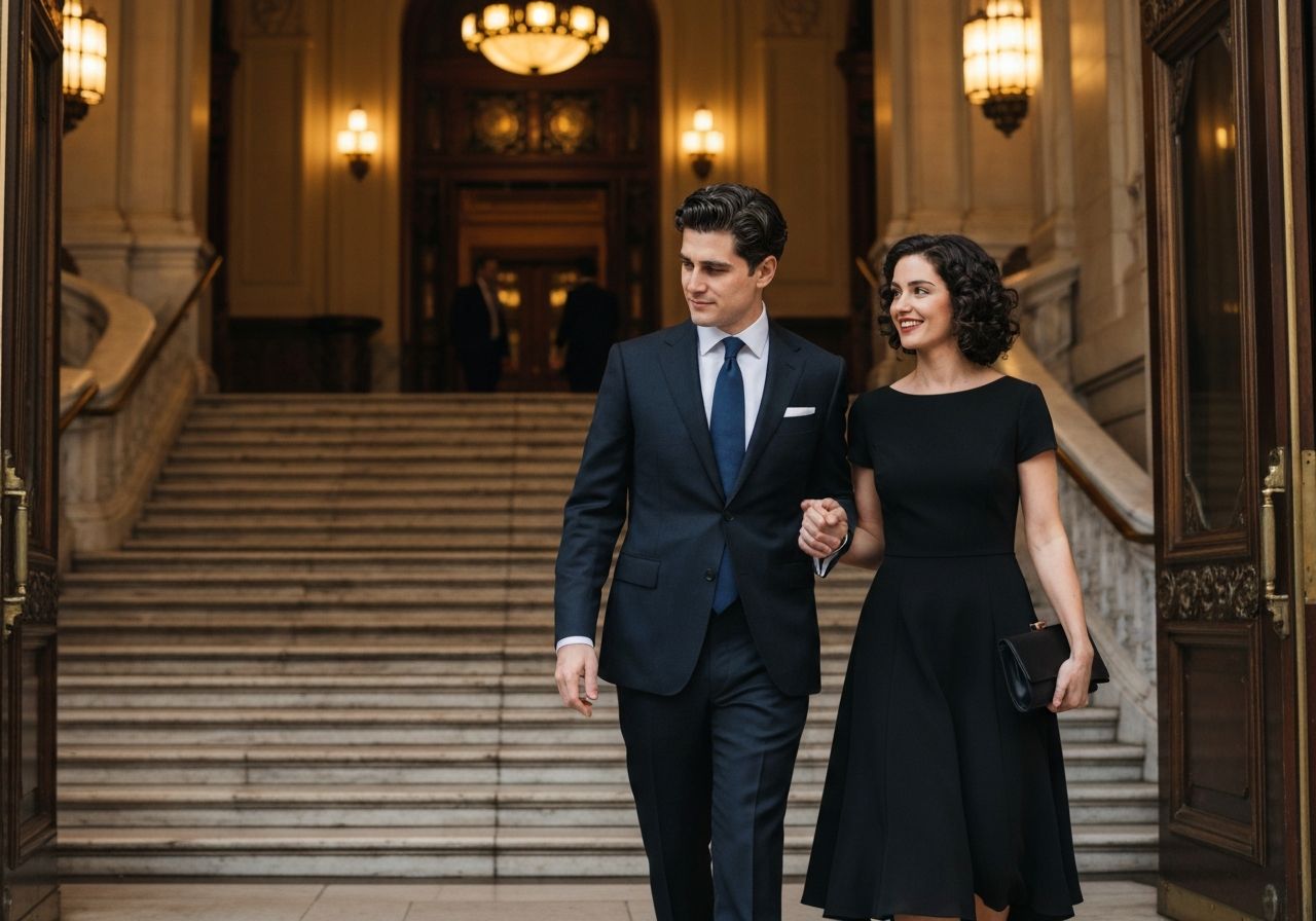 Para w eleganckich strojach wchodzi po marmurowych schodach do historycznego teatru o wnętrzu art deco