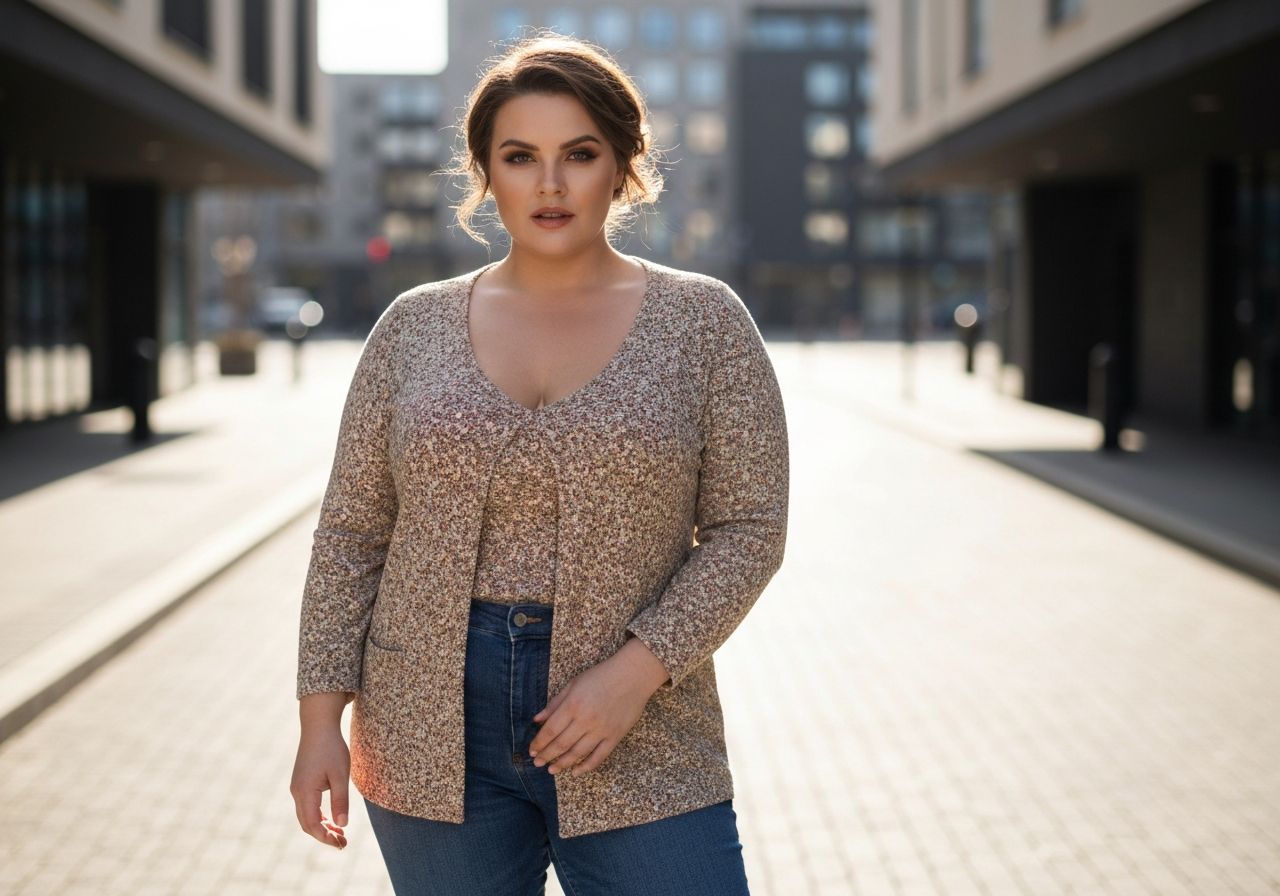Pewna siebie kobieta plus size na miejskiej ulicy w eleganckim, wysmuklającym ubraniu, naturalne światło.