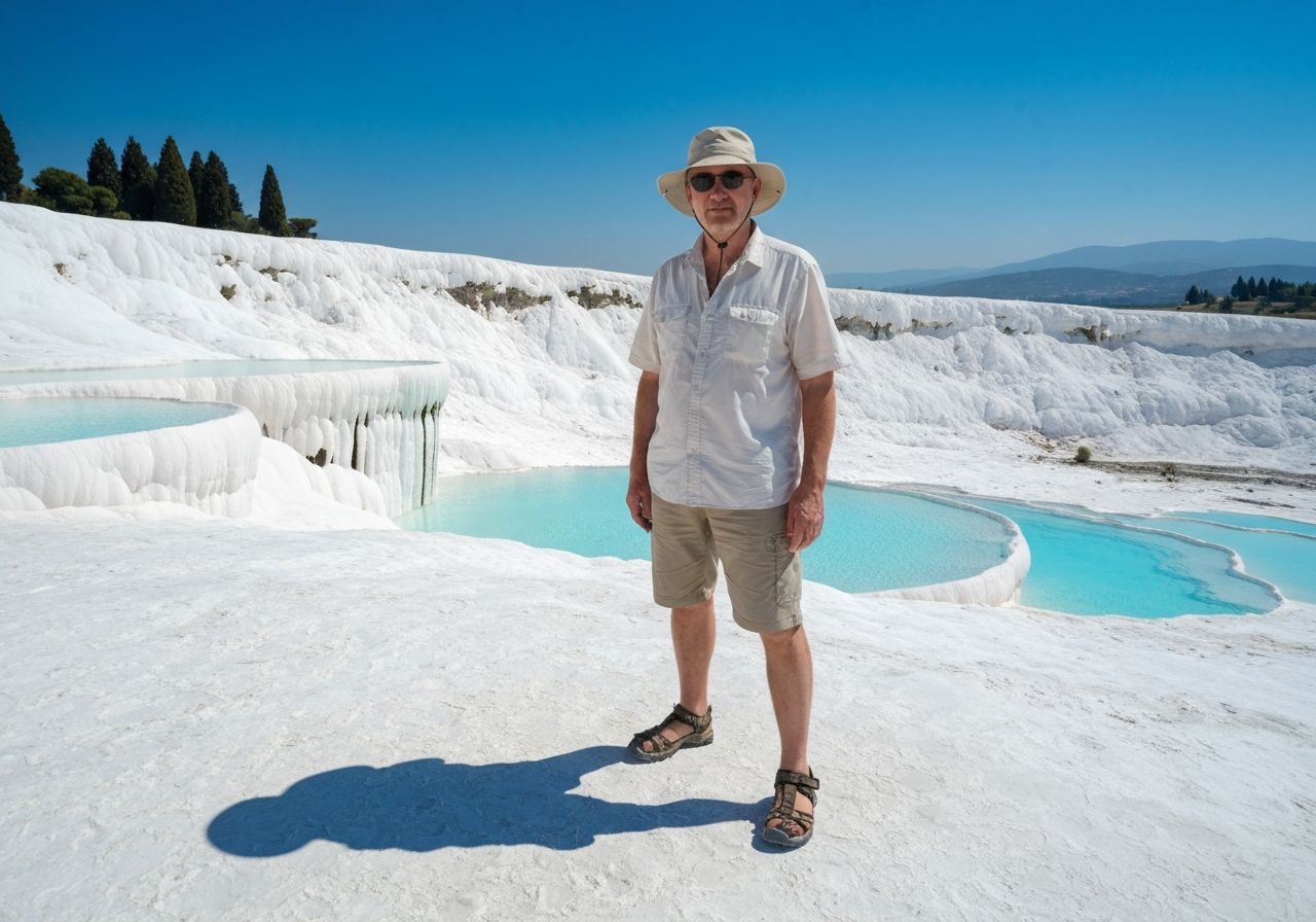 Turysta na białych tarasach wapiennych Pamukkale w turystycznym ubiorze przy turkusowych basenach i niebie.