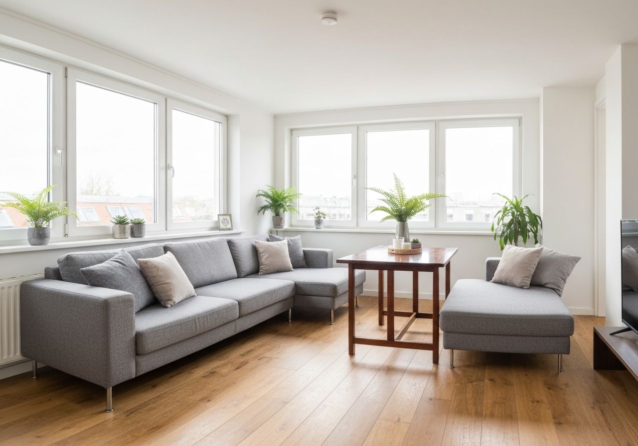 Mały salon z narożną sofą, stołem jadalnym, drewnianą podłogą i roślinami w minimalistycznym wnętrzu.
