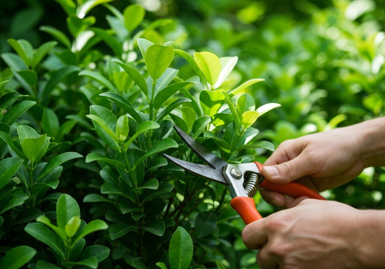 Ogródnik przycinający żywopłot euonymusa za pomocą ogrodniczych nożyc w naturalnym otoczeniu.