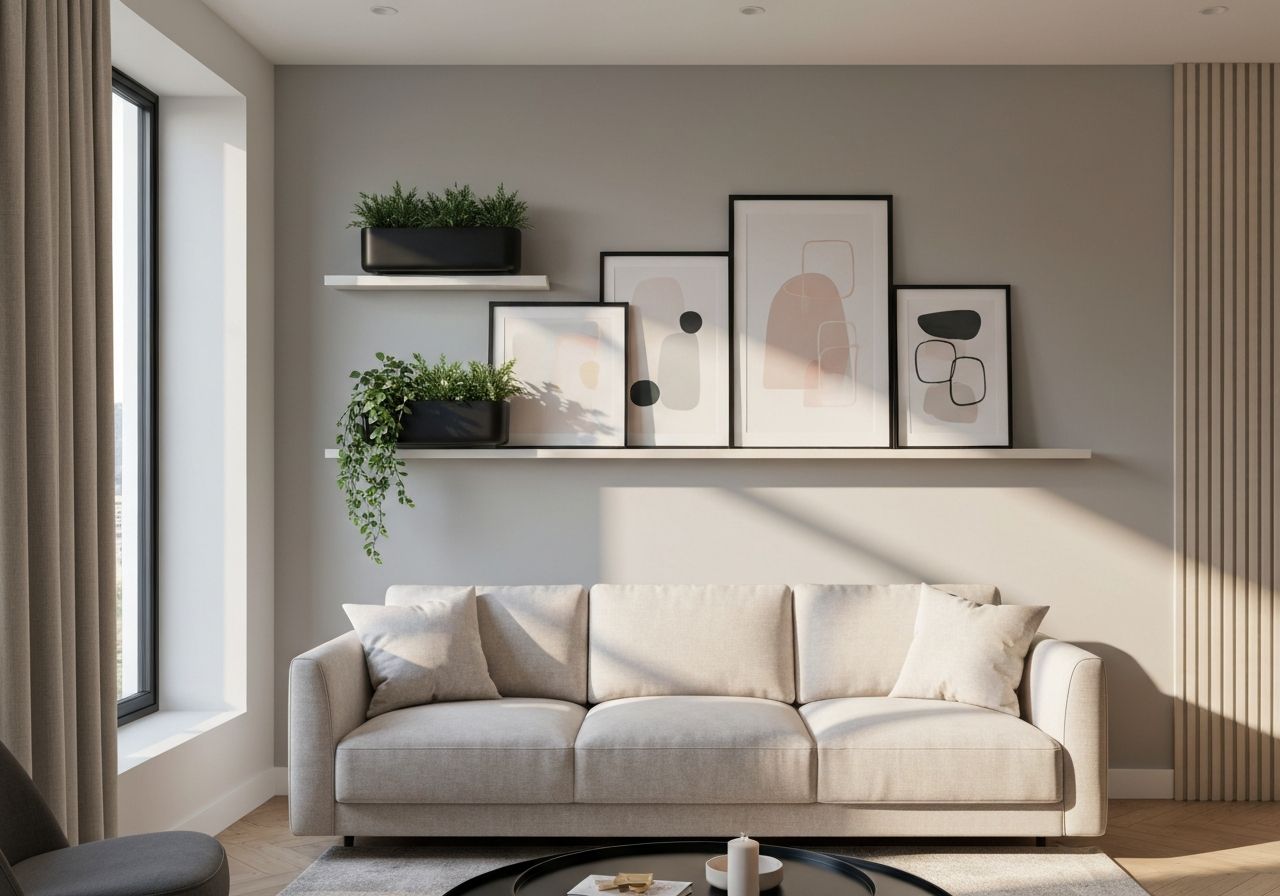 Nowoczesny salon z minimalistyczną ścianą, półkami, roślinami i abstrakcyjną grafiką za sofą.