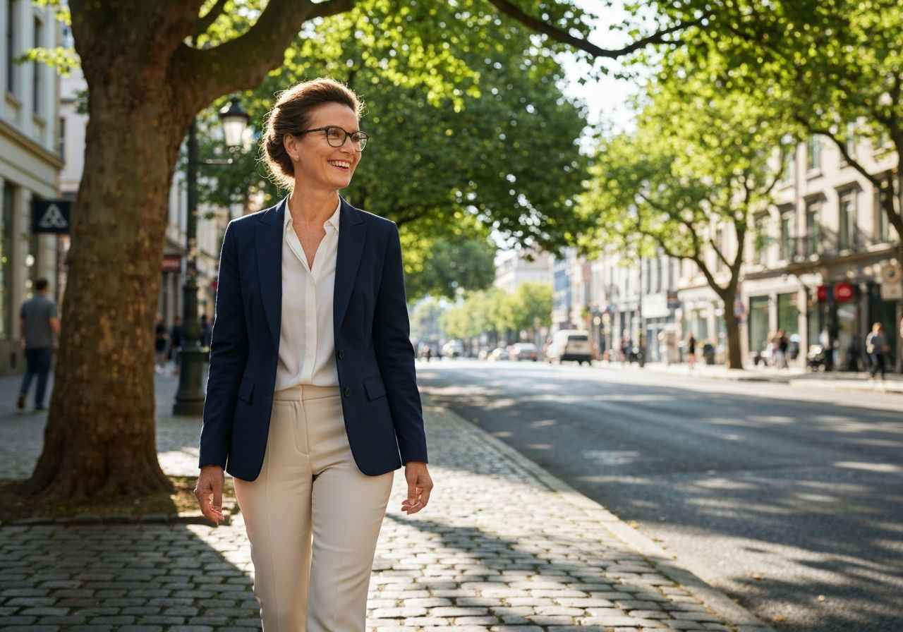 Średni wiek para spacerująca ulicą w mieście w stylu smart casual na słoneczny dzień